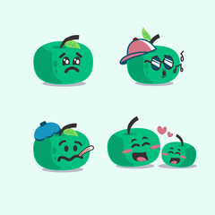 Collection of Vector illustrations of Green apple cartoon characters with various kinds of expressions