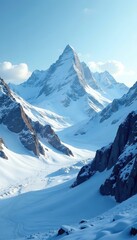 Frosty mountains rise in the distance with snow-capped peaks, serene, ice