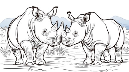 Fototapeta premium Two rhinoceroses facing each other in a savanna landscape, coloring page