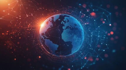 Obraz premium Blockchain technology futuristic hud background with world globe and blockchain polygon peer to peer network. Global cryptocurrency blockchain business banner concept.