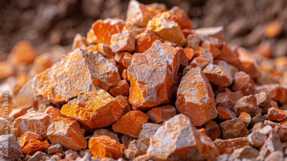 Poster A close up view reveals a pile of orange rocks, showcasing various shapes and sizes. The sunlight illuminates the vibrant colors and textures of the stones, creating an appealing visual.