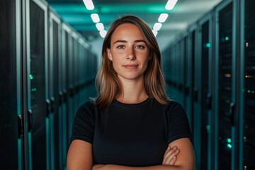 Confident young female it specialist standing in modern data center with server racks and cybersecurity technology environment
