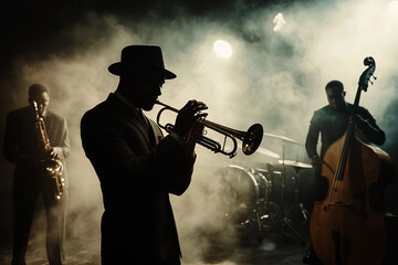 Musician plays saxophone in jazz club, AI generated picture