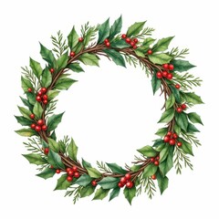 Fototapeta premium Festive Botanical Christmas Wreath Adorned with Red Berries and Green Leaves Holiday Ornament