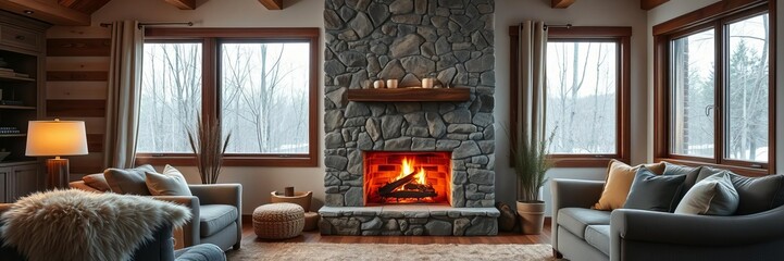 Fototapeta premium Modern living room with a rustic stone fireplace, warm wooden accents, plush furniture, and a cozy atmosphere, setting, cozy