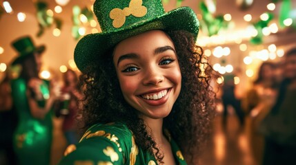St. Patrick's Day Portrait of a delighted girl in a stylish green jumpsuit with gold accents, wearing a festive leprechaun hat, smiling for a selfie. The background captures a lively home party scene