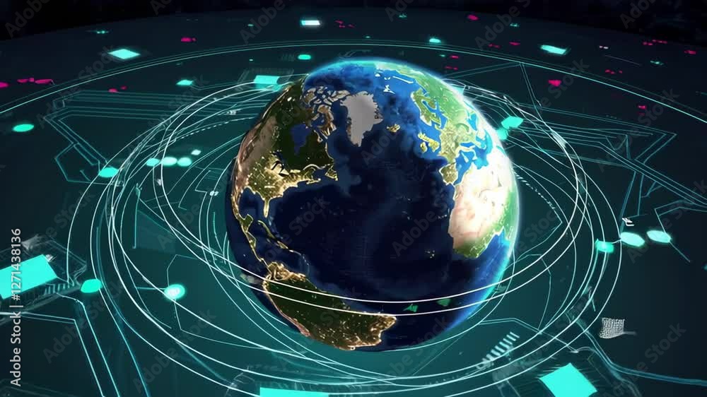 Poster Rotating planet earth surrounded by glowing digital lines and geometric shapes, representing global communication networks and technological innovation in futuristic visualization