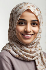 Bright Smile of a Young Woman in a Grayish Hijab