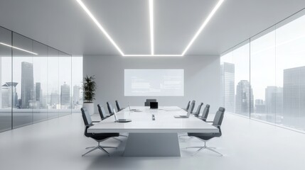 Business executive presenting market data to a team in a bright white conference room
