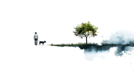 Tranquil Scene of a Man Walking Dog Under a Tree with Nature