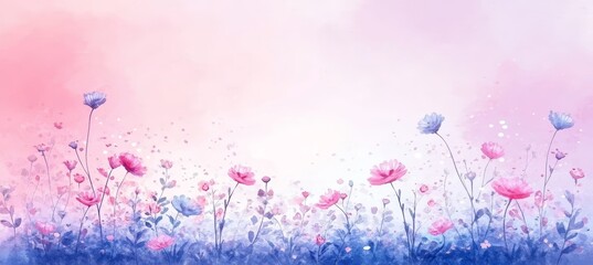 Obraz premium Watercolor Floral Background, Minimalist Blue And Pink Flowers, Gentle Sky Shading, Romantic Design