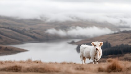 Obraz premium A fluffy white highland calf stands serenely in a misty highland landscape, overlooking a calm lake