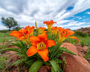 Vibrant orange lilies bloom in a desert landscape under dramatic sky