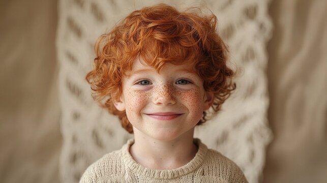 In a warm and inviting space, a little boy with curly red hair and freckles beams with a captivating smile. His charming expression reflects innocence and happiness, creating a moment filled with joy