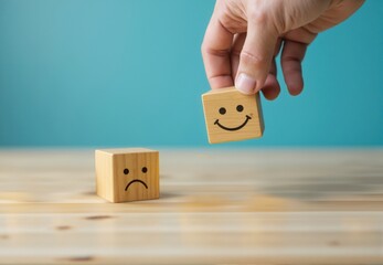 Wooden Cubes Displaying Happy and Sad Facial Expressions