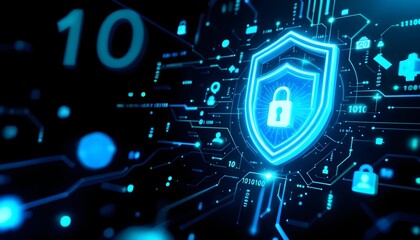 Digital Security Shield with Padlock and Binary Code Technology Illustration