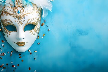 Carnival background Top view of colorful masquerade masks and scattered confetti on a soft blue background