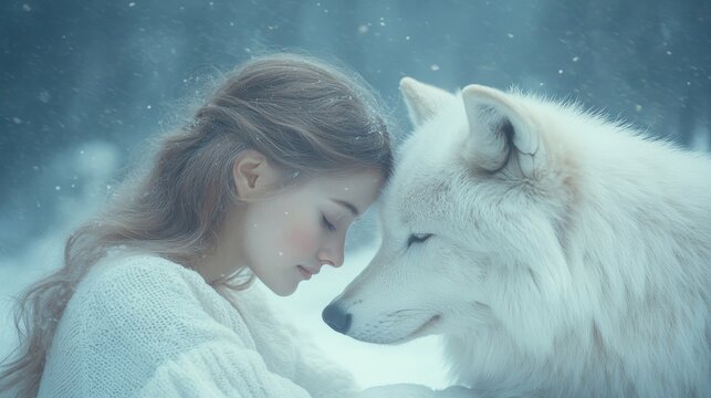 A serene moment between a girl and a gentle white wolf in a snowy landscape