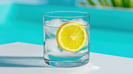Refreshing glass of lemon water with ice by the poolside in summer