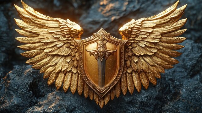 Golden winged shield, sword, dark rock, game logo