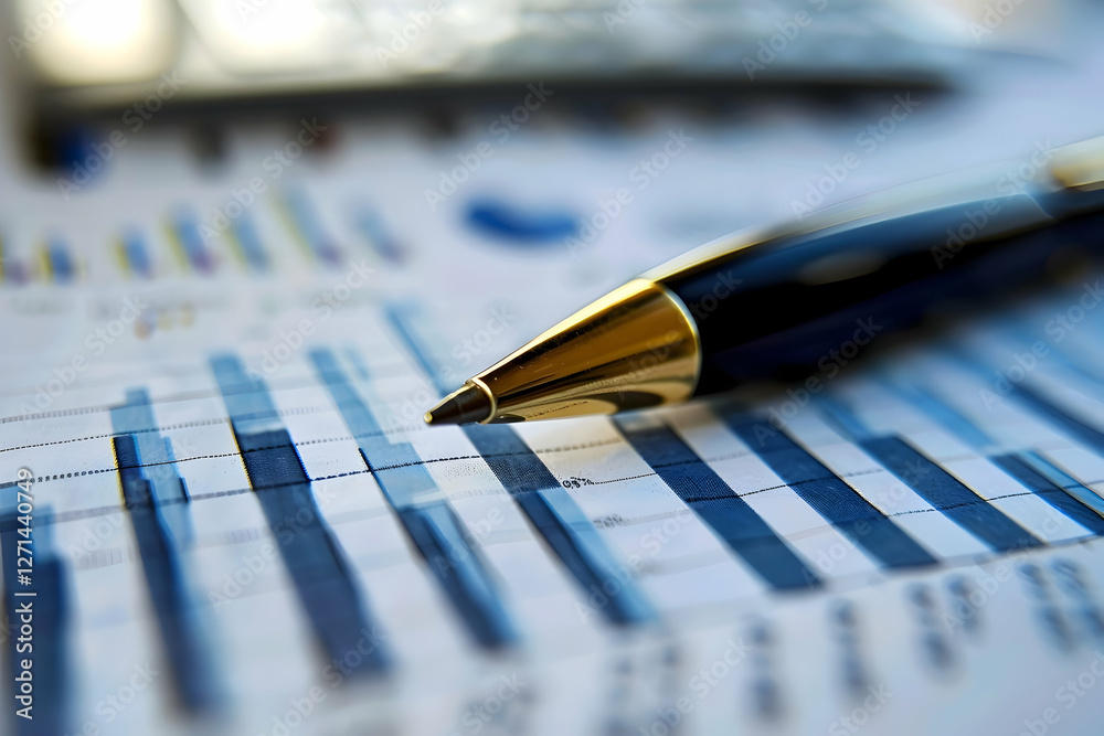 Poster close-up of a pen resting on financial charts with graphs and data analysis in the background
