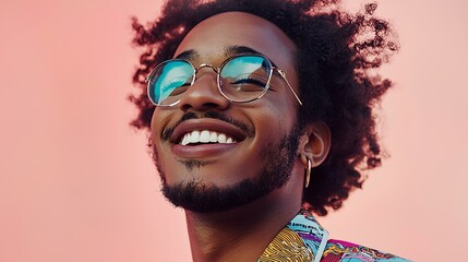 Entrepreneur smiling while checking real-time order statistics, isolated on a light coral background