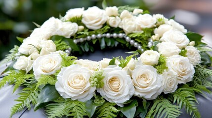 Obraz premium Elegant white rose wreath with greenery and pearls on display