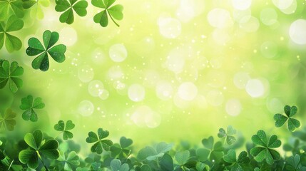 Naklejka premium Festive Saint Patrick's Day Clover Field Background with Bokeh Lights and Glittering Sparkles