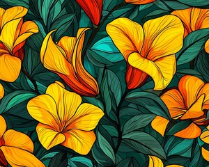 Fototapeta premium Vibrant yellow flowers, detailed botanical illustration, lush foliage pattern, background design