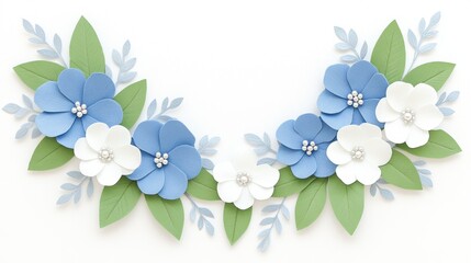 Fototapeta premium Floral arrangement with blue and white paper flowers and green leaves