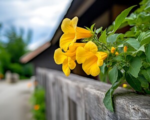 Vibrant yellow flowers on weathered wooden fence,  garden setting with rustic wooden building in background