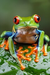 Naklejka premium Vibrant Red-Eyed Treefrog Perched on a Lush Leaf in a Tropical Rainforest Environment