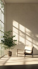 Fototapeta premium A serene minimalist room featuring a single chair and potted plant, bathed in natural sunlight through large windows.