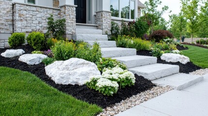 Obraz premium Stone steps, flower garden, house entrance, landscaping