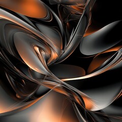Abstract 3D render of dynamic swirling metallic forms in orange and grey on black backdrop