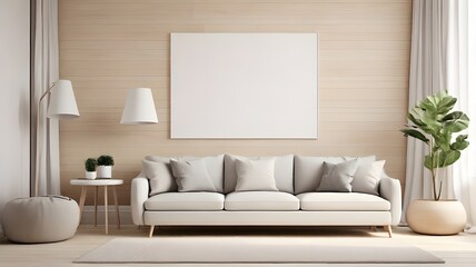 Blank white modern art mockup on a light wood wall in a Scandinavian-inspired living room with simple grey furniture 