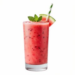 Refreshing Watermelon Smoothie with Mint Garnishing and Striped Straw on a Plain Backdrop Image
