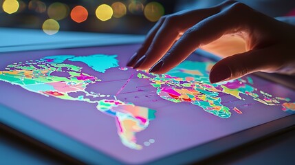 Fototapeta premium Online business owner tracking international sales distribution on a tablet, isolated on a light purple background