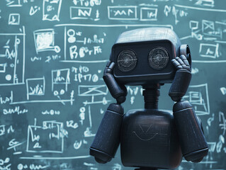 robot holding its head in despair against backdrop of mathematical doodles, expressing confusion and frustration