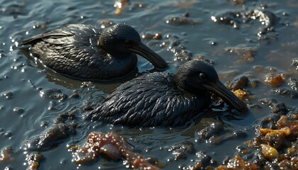 Fototapeta premium Birds Struggling in Polluted Oil-Slicked Water 