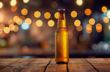 Butelka zimnego piwa na drewnianym stole w barze z oświetleniem bokeh.