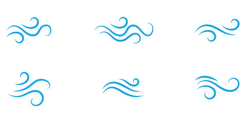 Wind line doodle set. Blue hand drawn wind swirls and gusts. Decorative breeze symbols for weather, nature, and climate designs.