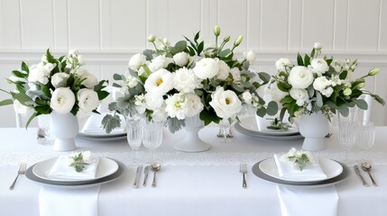 Elegant white floral centerpieces on a sophisticated dining table setting