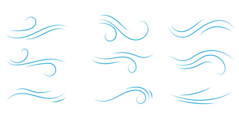 Wind line doodle set. Blue hand drawn wind swirls and gusts. Decorative breeze symbols for weather, nature, and climate designs.