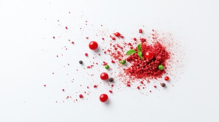 Colorful abstract composition with red spheres and green accents on white surface