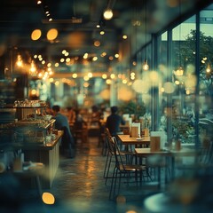 Cozy cafe, city night, diners, bokeh, relaxed atmosphere