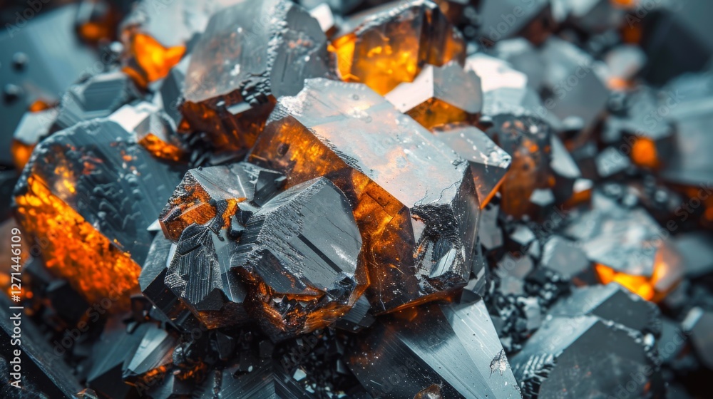 Aufkleber crystals reflect light in various shades of orange and black, showcasing intricate patterns and text