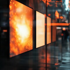 Illuminated Orange Screens Behind Glass Reflecting City Lights at Night