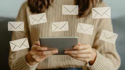 Business professional writing an e-commerce email marketing campaign, isolated on a soft beige background