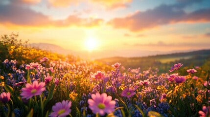 Fototapeta premium The sun shines on a spring landscape with blooming wildflowers at sunset